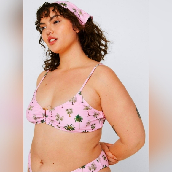 Plus Size Bikini Bundle 3 Piece Palm Trees PINK Matching Headscarf Set 2X NWT - Picture 6 of 8